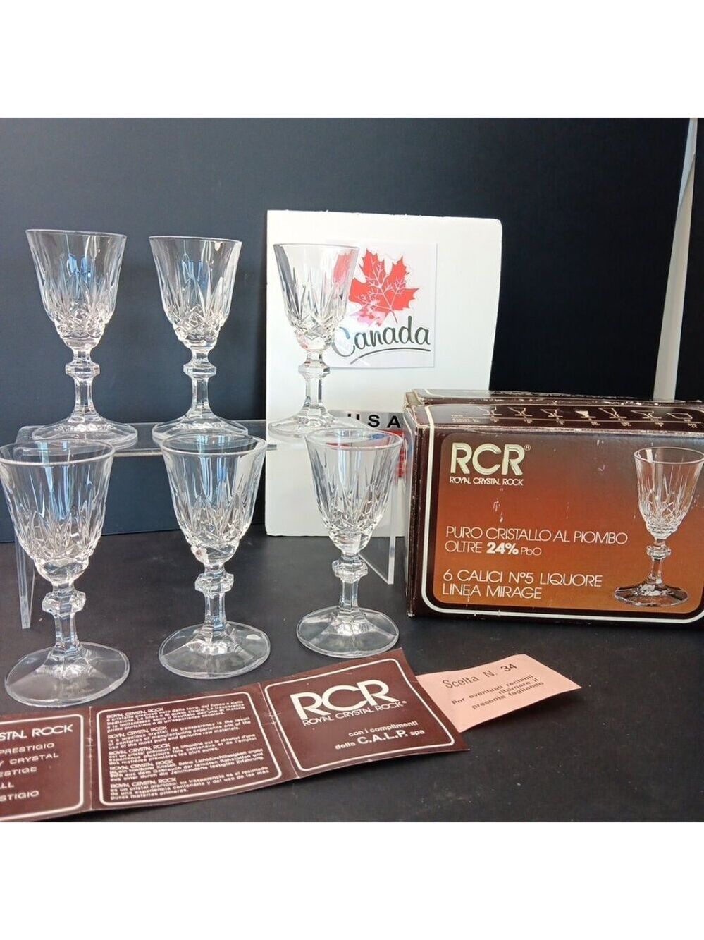 6x Royal Crystal Rock Liquor Glasses With Box Excellent Condition 1 3/4 Oz ITALY